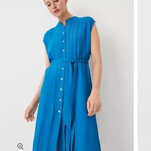 NWT Ann Taylor Pleated Belted Dress in Santorini blue, size 14
